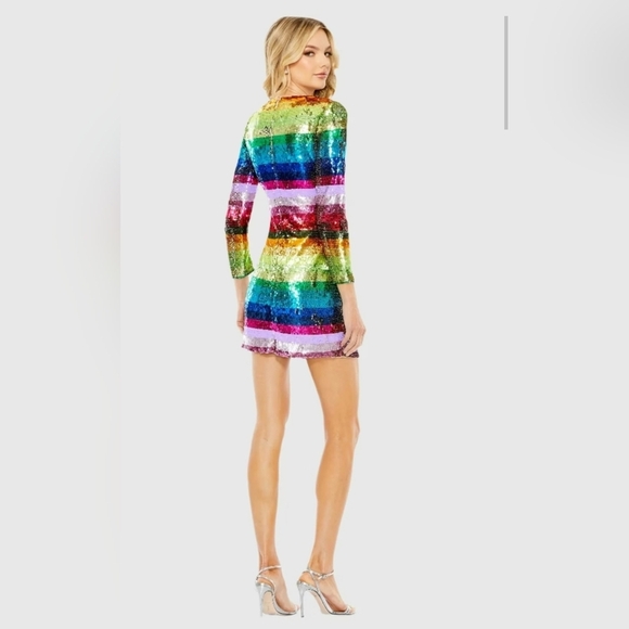 NWT!! Mac Duggal, Multicolor Long Sleeve Sequin Rainbow Dress, MSRP $598 - Picture 2 of 11